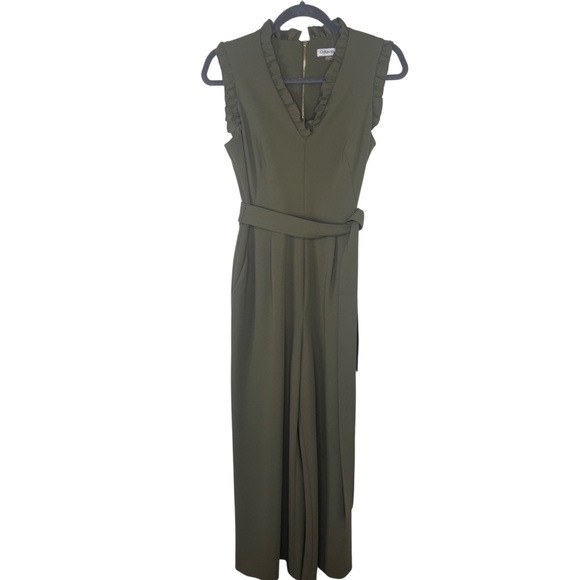 Calvin Klein Pants - Calvin Klein Green Wide Leg, Cropped Jumpsuit with Belt and Ruffled Accent 8